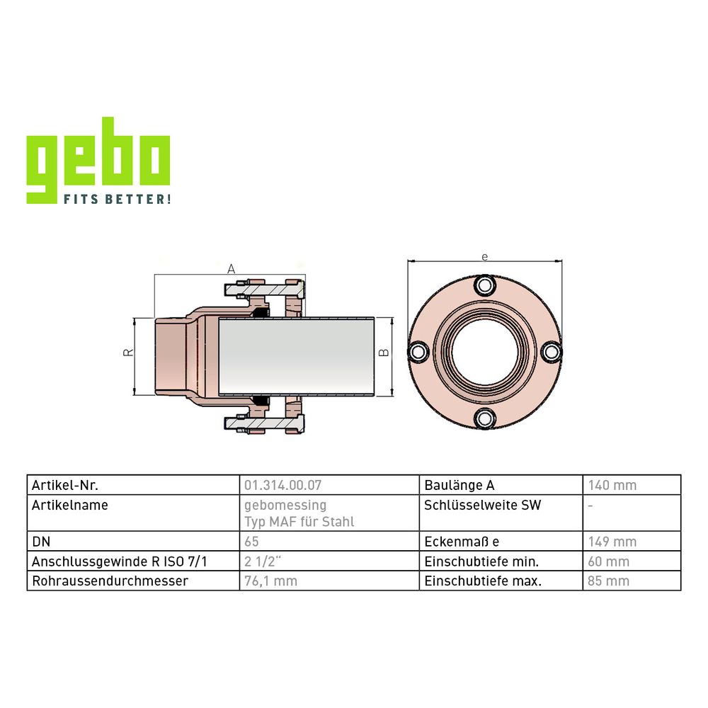 Gebo Messing Klemmverbinder Serie 314 Typ MAF, Messing, 2 1/2", für Stahlrohr... GEBO-01.314.00.07 4019576122142 (Abb. 3)