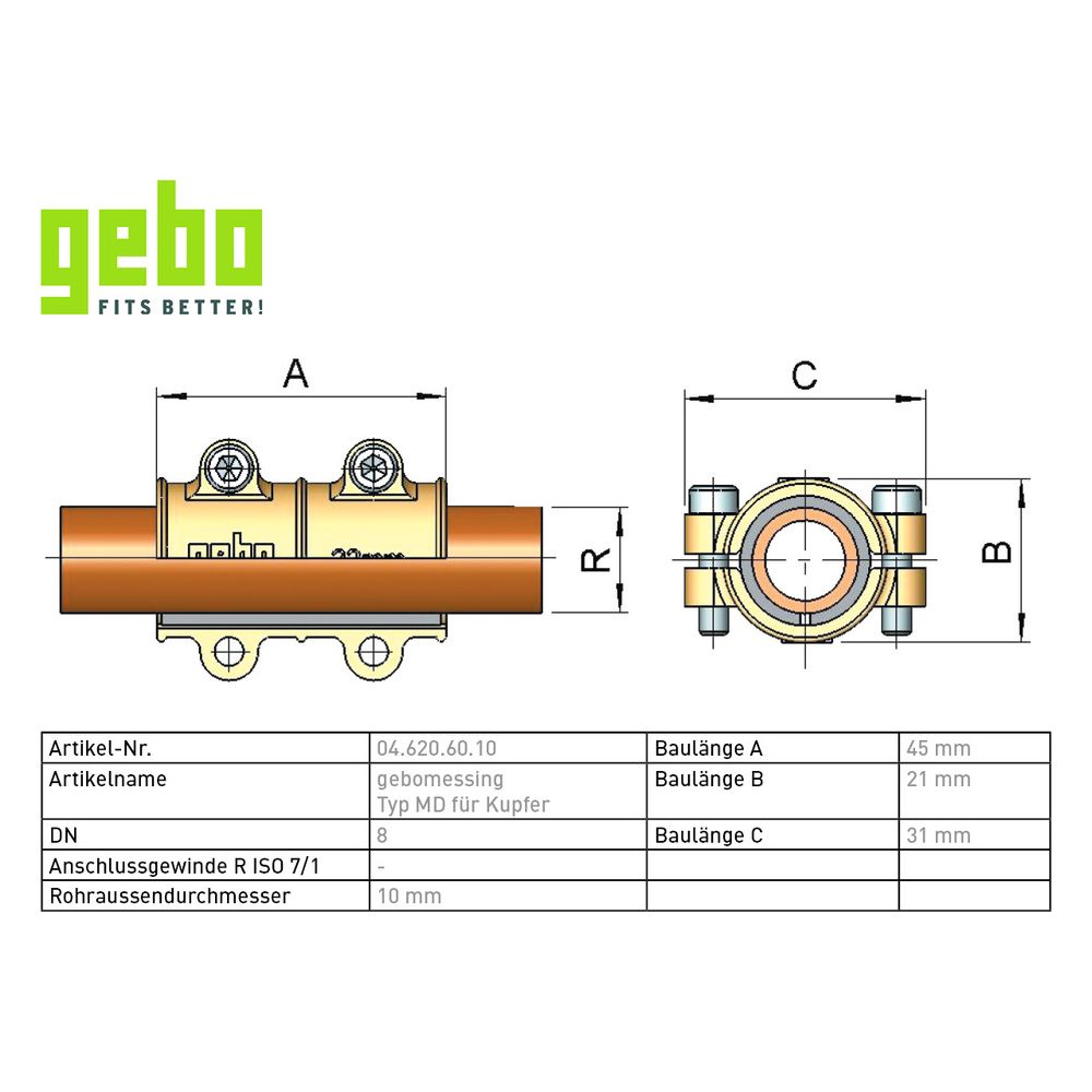 Gebo Messing Dichtschelle Serie 620 Typ MD, Messing, 10mm, für Kupferrohr... GEBO-04.620.60.10 4019576021797 (Abb. 3)