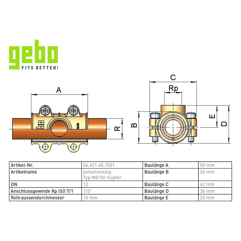 Gebo Messing Anbohrschelle Serie 621 Typ MB, Messing, 15mm x 1/2", für Kupferrohr... GEBO-04.621.60.1501 4019576021926 (Abb. 3)
