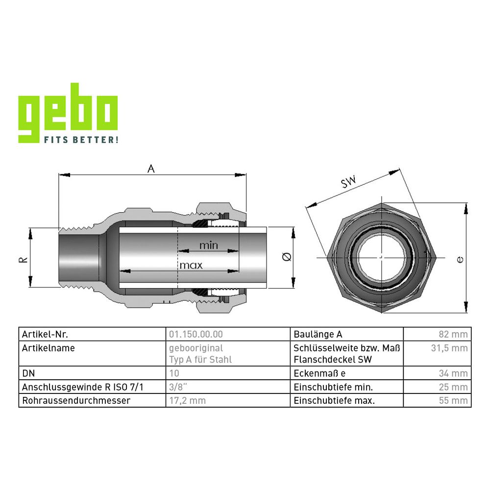 Gebo Original Temperguss-Klemmverbinder 150 Typ A, 3/8", Grau, für Stahlrohr... GEBO-01.150.00.00 4019576000235 (Abb. 3)