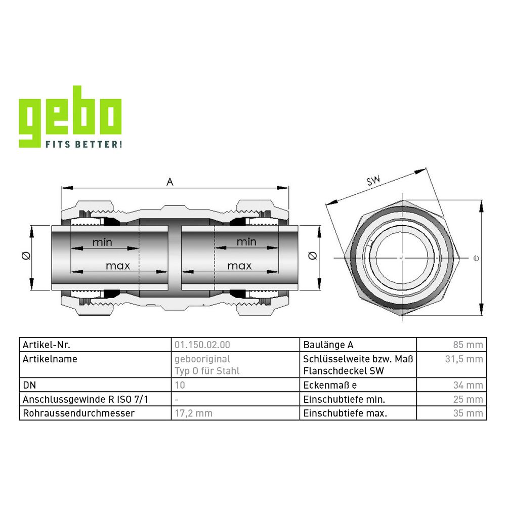Gebo Original Temperguss-Klemmverbinder 150 Typ O, 3/8", Grau, für Stahlrohr... GEBO-01.150.02.00 4019576000242 (Abb. 3)