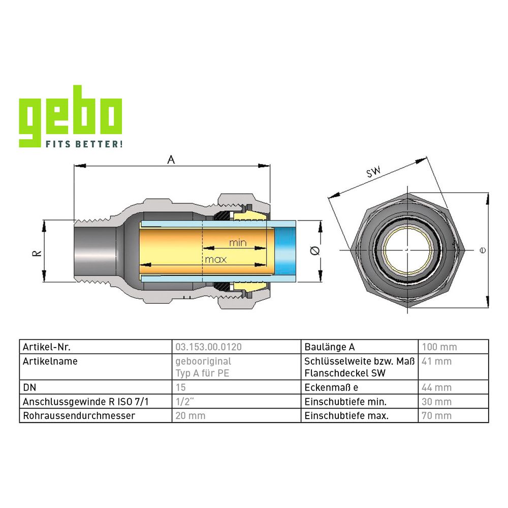 Gebo Original Temperguss-Klemmverbinder 153 Typ A, 1/2" x 20mm, Messing, für PE-Ro... GEBO-03.153.00.0120 4019576003328 (Abb. 3)