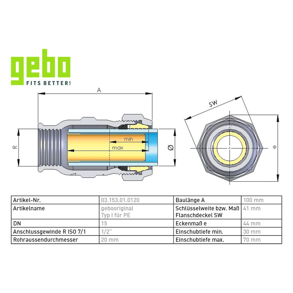 Gebo Original Temperguss-Klemmverbinder 153 Typ I, 1/2" x 20mm, Messing, für PE-Ro... GEBO-03.153.01.0120 4019576003403 (Abb. 3)