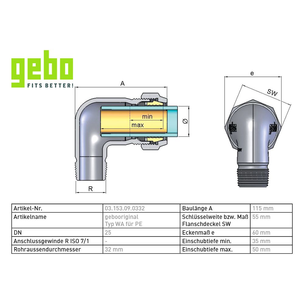 Gebo Original Temperguss-Klemmverbinder 153 Typ WA, 1" x 32mm, Messing, für PE-Roh... GEBO-03.153.09.0332 4019576003472 (Abb. 3)