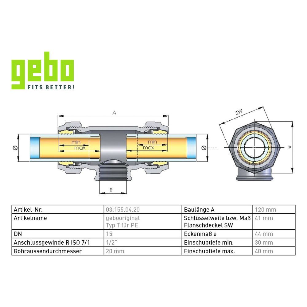 Gebo Original Temperguss-Klemmverbinder 155 Typ T, 20 x 20mm, Grau, für PE-Rohr... GEBO-03.155.04.20 4019576004073 (Abb. 3)