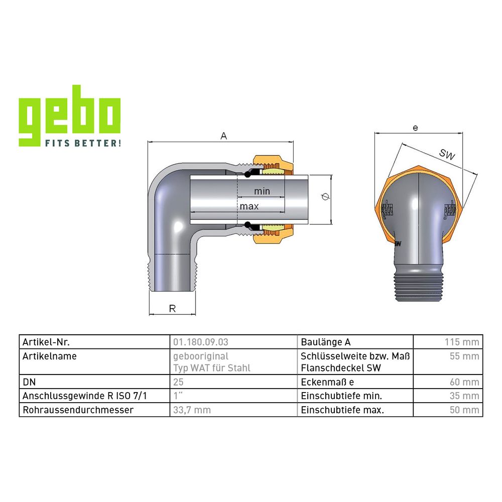 Gebo Original Temperguss-Klemmverbinder 180 Typ WAT, 1", Grau, für Stahlrohr... GEBO-01.180.09.03 4019576001669 (Abb. 3)
