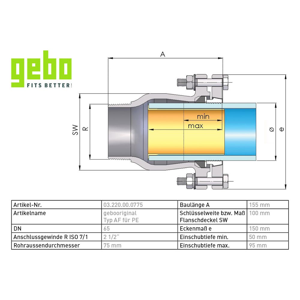 Gebo Original Temperguss-Klemmverbinder 22P Typ AF, 2 1/2" x 75mm, Messing, für PE... GEBO-03.220.00.0775 4019576004356 (Abb. 3)