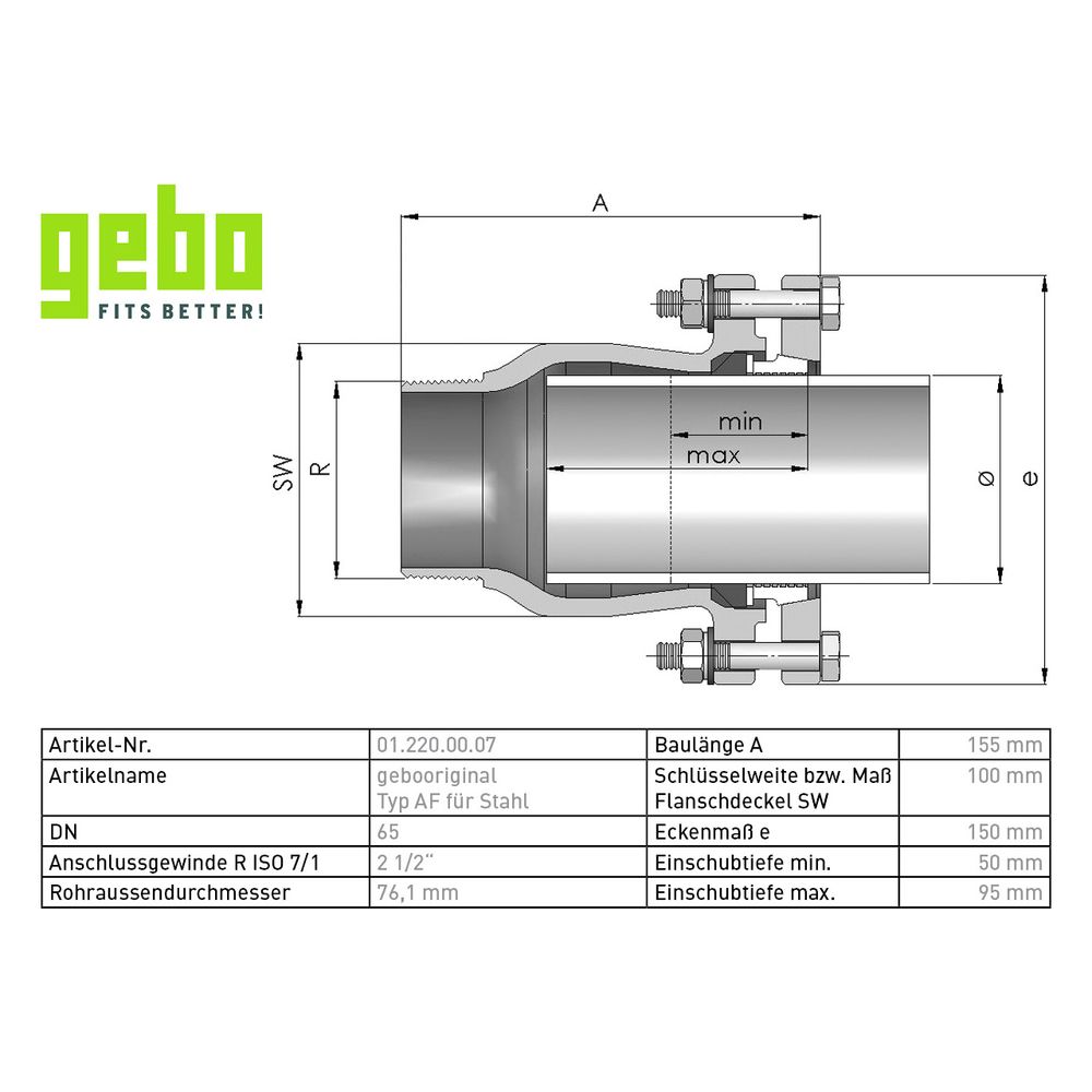 Gebo Original Temperguss-Klemmverbinder 220 Typ AF, 2 1/2", 76,1mm, Grau, für Stahlr... GEBO-01.220.00.07 4019576001744 (Abb. 3)