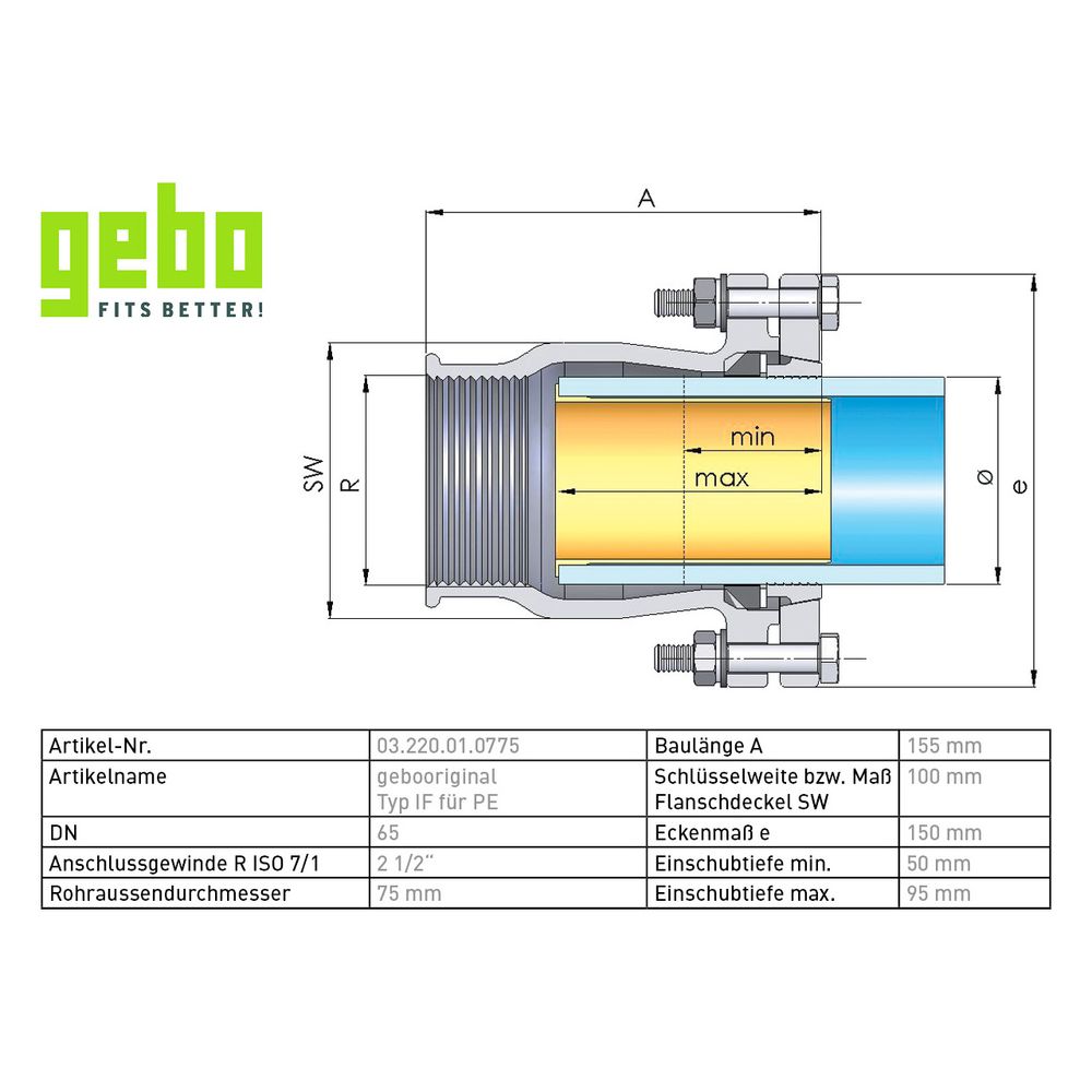 Gebo Original Temperguss-Klemmverbinder 220 Typ IF, 2 1/2" x 75mm, Messing, für PE... GEBO-03.220.01.0775 4019576004387 (Abb. 3)