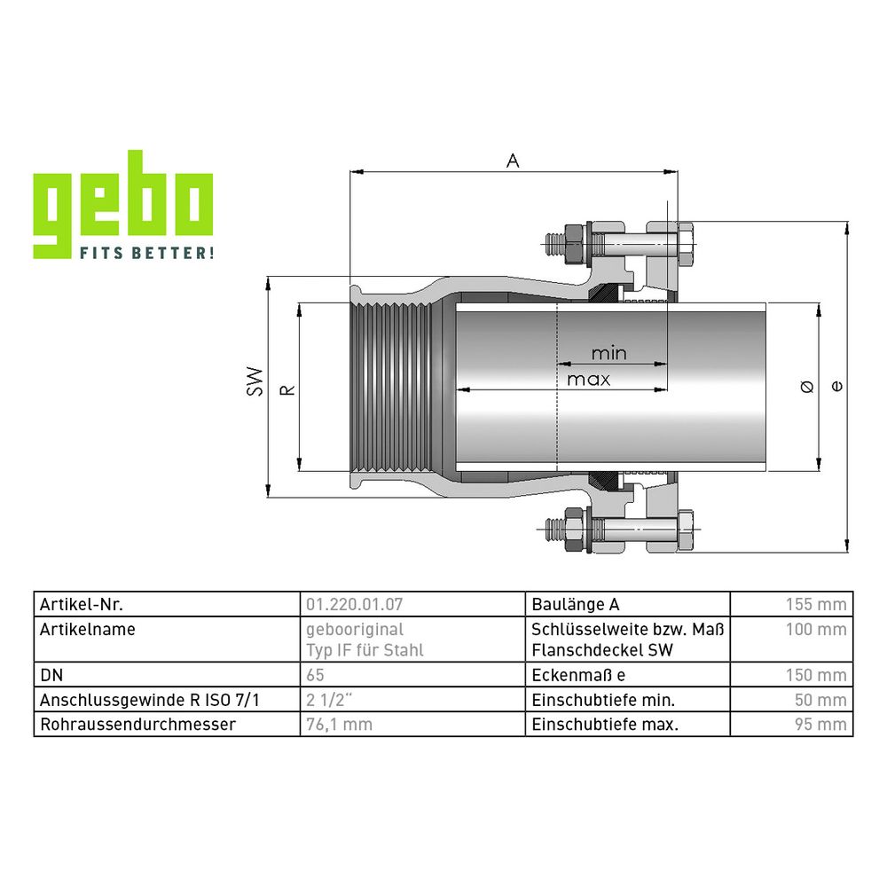 Gebo Original Temperguss-Klemmverbinder 220 Typ IF, 2 1/2", 76,1mm, Grau, für Stahlr... GEBO-01.220.01.07 4019576001775 (Abb. 3)