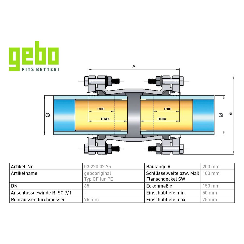 Gebo Original Temperguss-Klemmverbinder 220 Typ OF, 75 x 75mm, Messing, für PE-Rohr... GEBO-03.220.02.75 4019576004455 (Abb. 3)