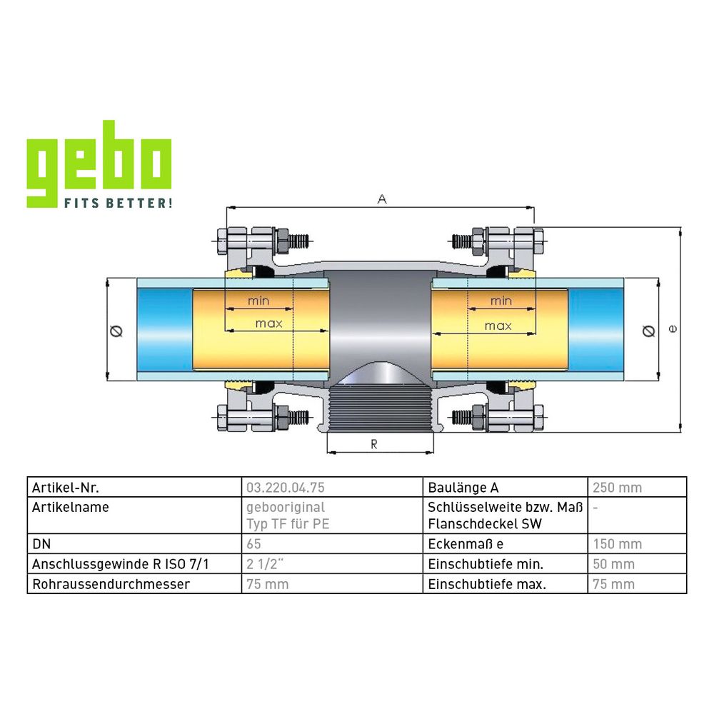 Gebo Original Temperguss-Klemmverbinder 220 Typ TF, 75 x 75 x 2 1/2", Grau, for PE-R... GEBO-03.220.04.75 4019576004523 (Abb. 3)