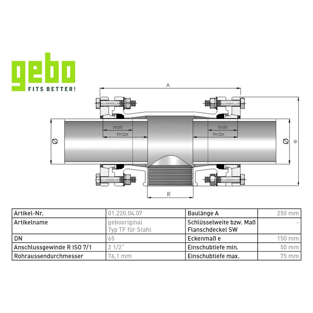 Gebo Original Temperguss-Klemmverbinder 220 Typ TF, 2 1/2", 76,1mm, Grau, für Stahlr... GEBO-01.220.04.07 4019576001836 (Abb. 3)