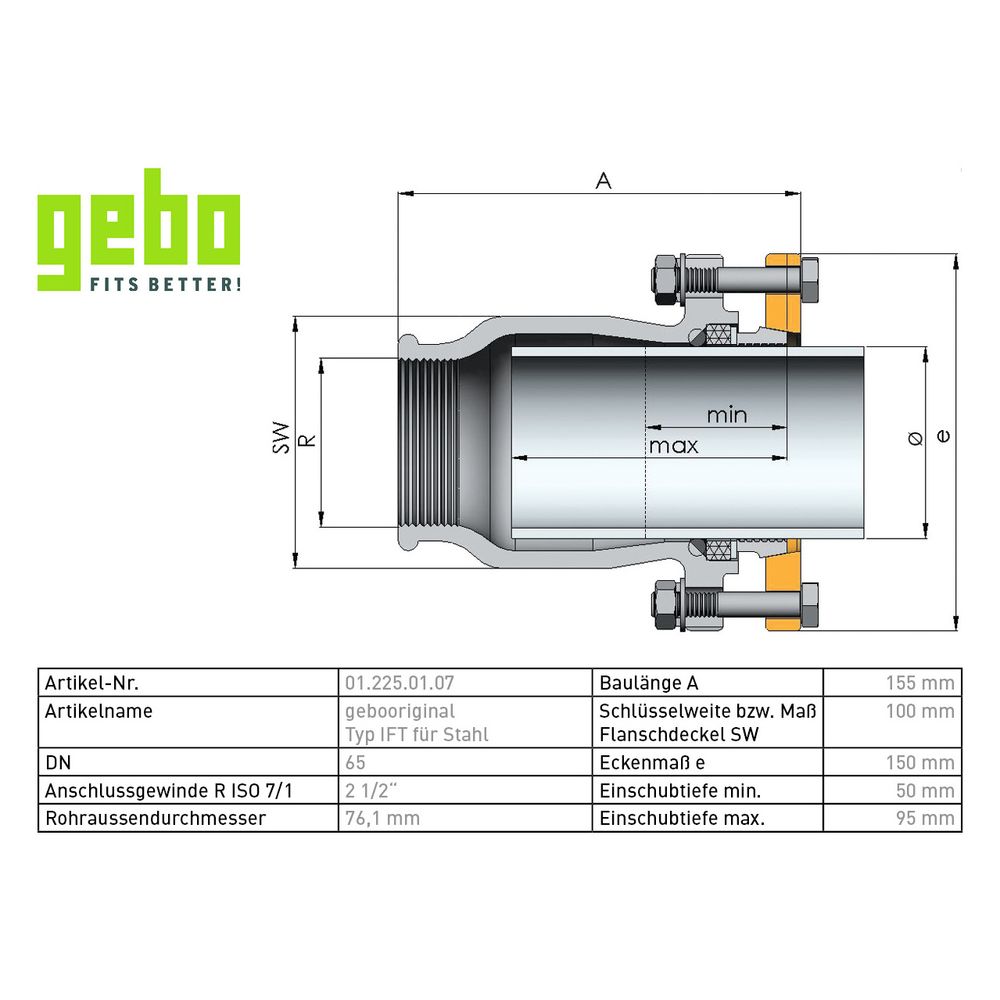 Gebo Original Temperguss-Klemmverbinder 225 Typ IFT, 2 1/2", Grau, für Stahlrohr... GEBO-01.225.01.07 4019576001980 (Abb. 3)