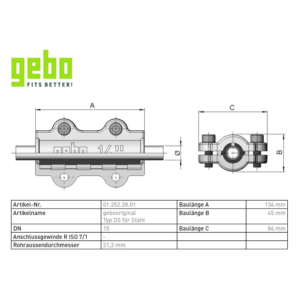 Gebo Original Temperguss-Dichtschelle Serie 252 Typ DS, 1/2", 45mm, Grau, für Stahlr... GEBO-01.252.28.01 4019576002192 (Abb. 3)