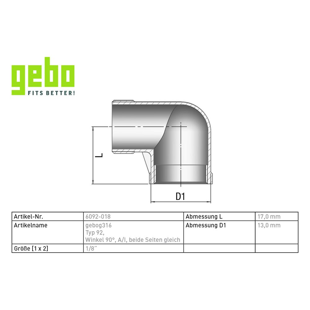 Gebo G316 Winkel 90 Grad G3F, 1/8", A/I, Edelstahl 1.4404, Grau... GEBO-6092-018 4019576114918 (Abb. 3)