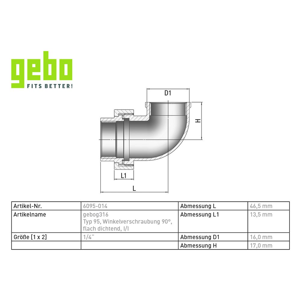 Gebo G316 Winkelverschraubung 90 Grad G3F, flachdichtend, 1/4", I/I, Edelstahl 1.4404, G... GEBO-6095-014 4019576115205 (Abb. 3)