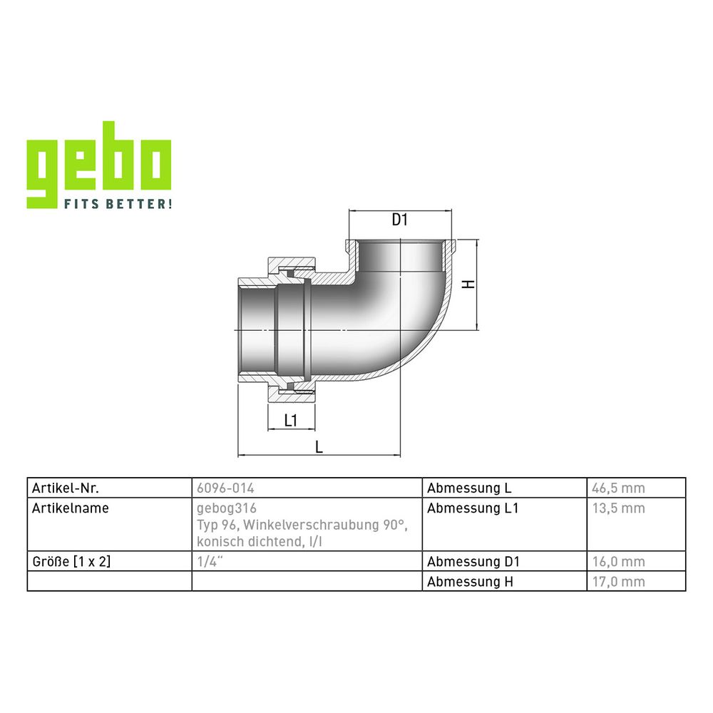 Gebo G316 Winkelverschraubung 90 Grad G3F, konisch dichtend, 1/4", I/I, Edelstahl 1.4404... GEBO-6096-014 4019576115281 (Abb. 3)