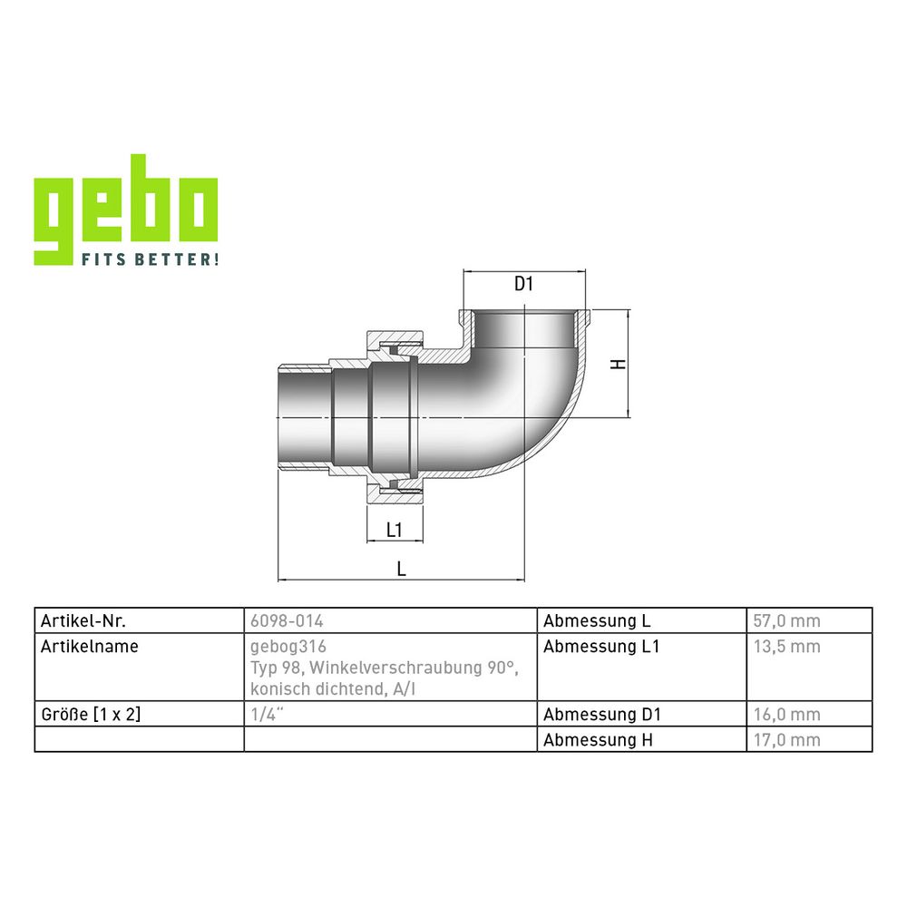 Gebo G316 Winkelverschraubung 90 Grad G3F, konisch dichtend, 1/4", A/I, Edelstahl 1.4404... GEBO-6098-014 4019576115441 (Abb. 3)