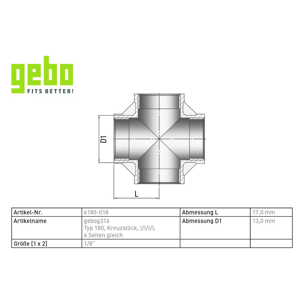 Gebo G316 Kreuzstück G3F, 1/8", I/I/I/I, Edelstahl 1.4404, Grau, 6180-018... GEBO-6180-018 4019576115960 (Abb. 3)