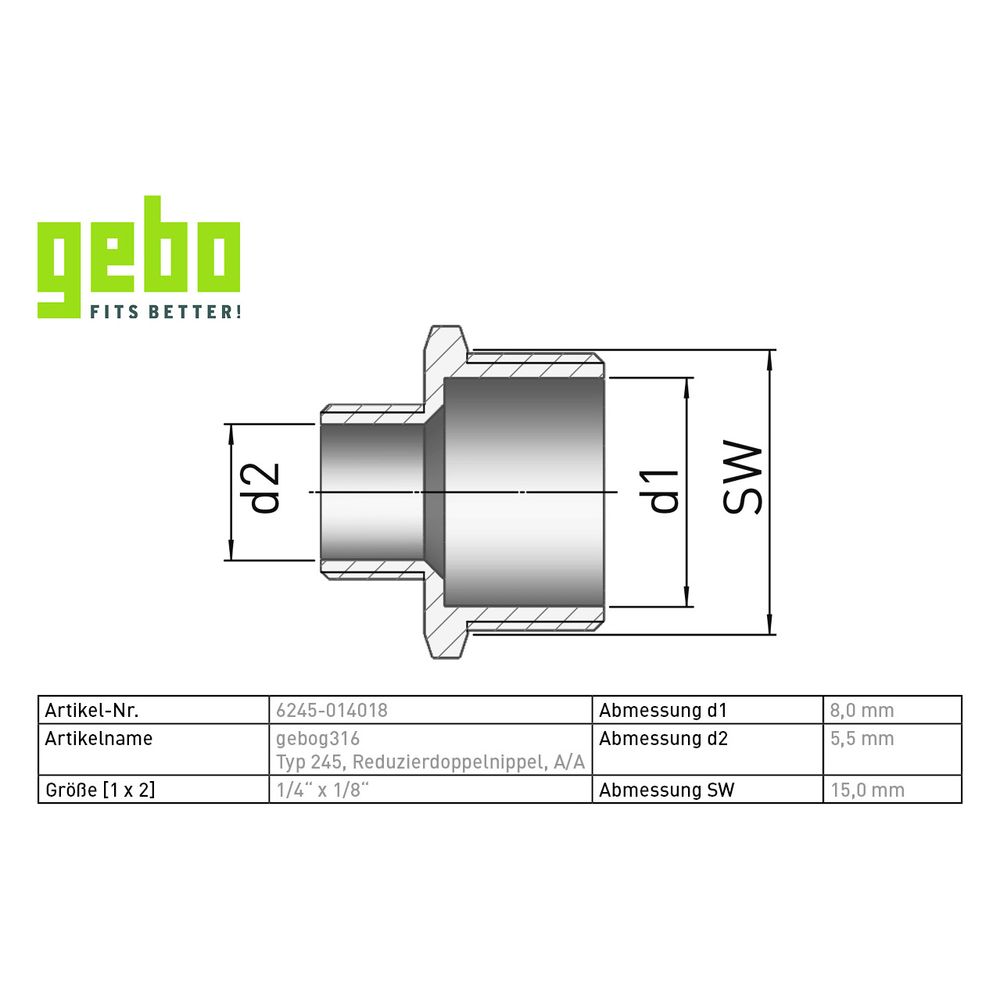 Gebo G316 Reduzierdoppelnippel G3F, 1/4" x 1/8", A/A, Edelstahl 1.4404, Grau... GEBO-6245-014018 4019576116899 (Abb. 3)