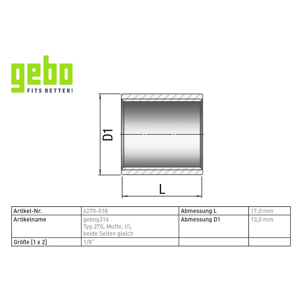 Gebo G316 Muffe G3F, I/I, 1/8", Edelstahl 1.4404, Grau, 6270-018... GEBO-6270-018 4019576117223 (Abb. 3)