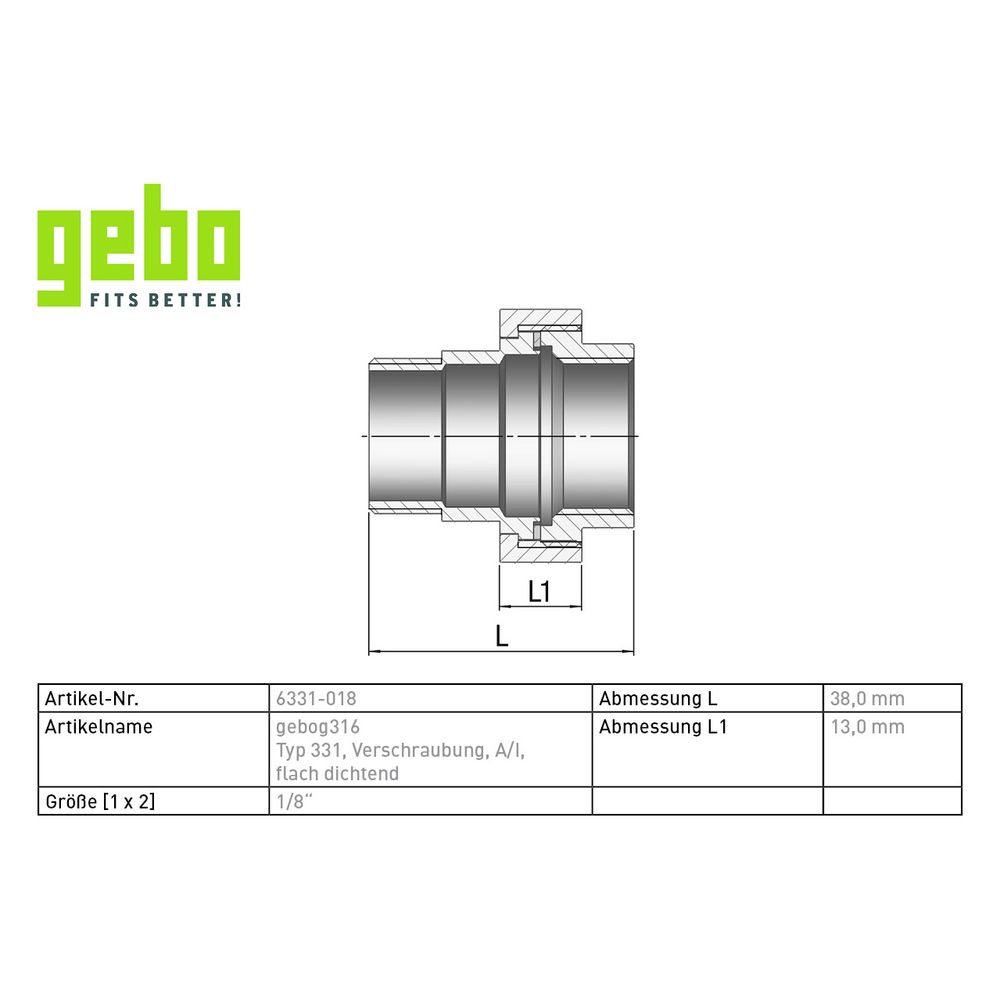 Gebo G316 Verschraubung G3F flachdichtend, 1/8", A/I, Edelstahl 1.4404, Grau... GEBO-6331-018 4019576118183 (Abb. 3)