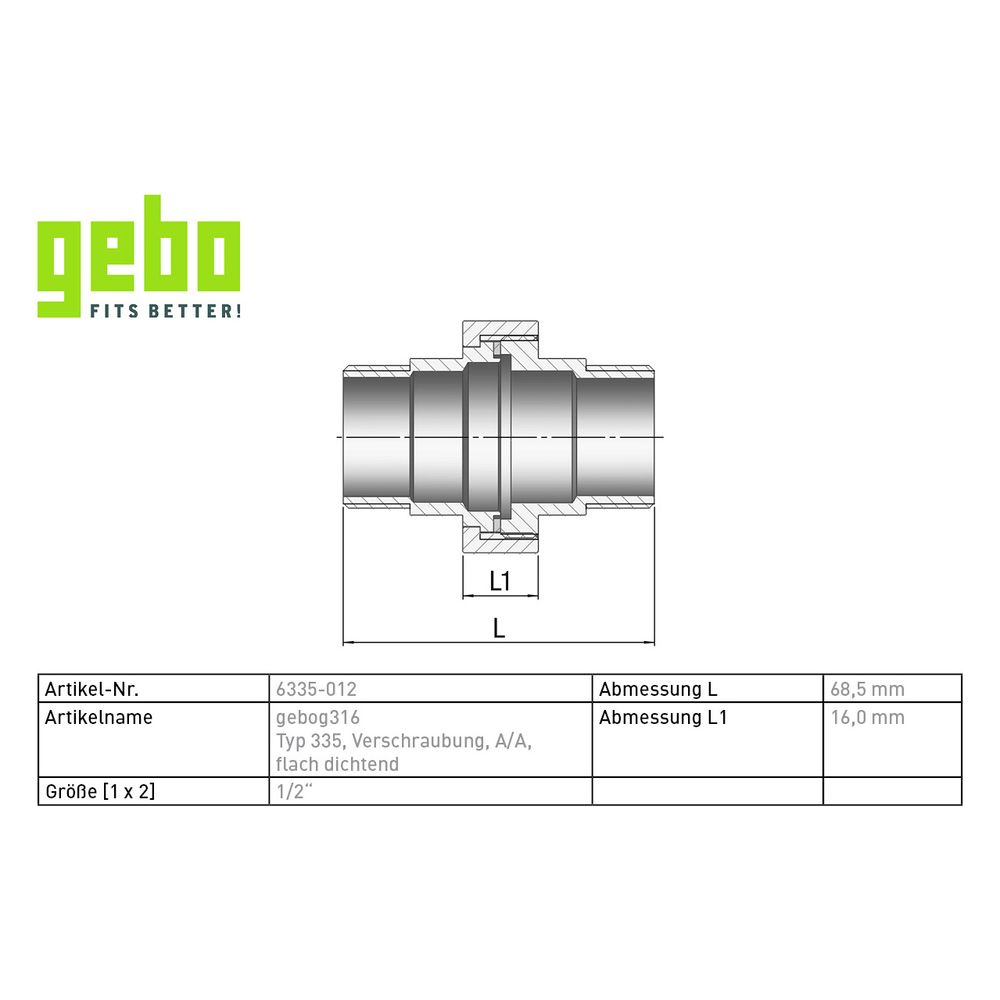 Gebo G316 Verschraubung G3F flachdichtend, 1/2", A/A, Edelstahl 1.4404, Grau... GEBO-6335-012 4019576118565 (Abb. 3)