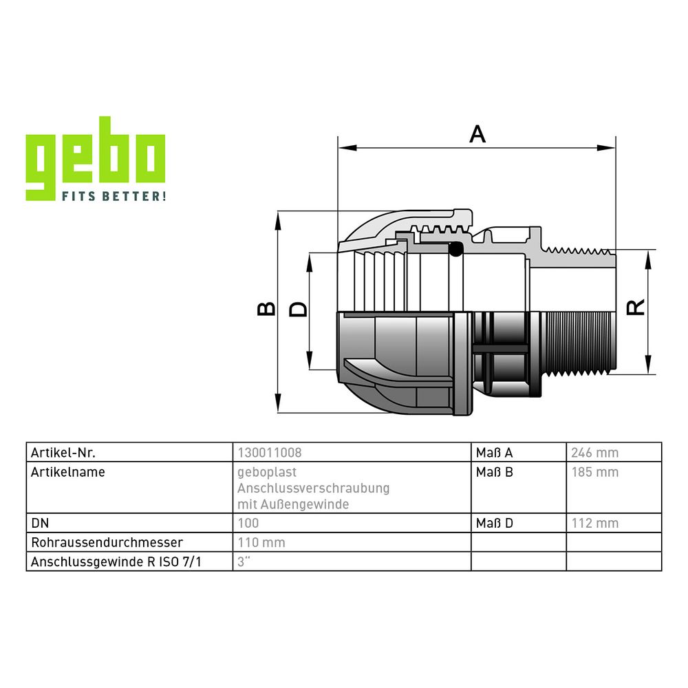 Gebo Plast Kunststoff-Klemmverbinder P13 Typ PA 110mm x G 3", mit Außengewinde, PP, Sch... GEBO-130011008 8023058027494 (Abb. 3)