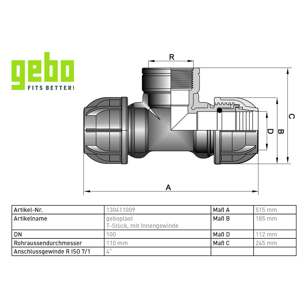 Gebo Plast Kunststoff-T-Stück P13 Typ PTI 110mm x G 4" x 110mm, mit Innengewinde, PP, S... GEBO-130411009 8023058028156 (Abb. 3)