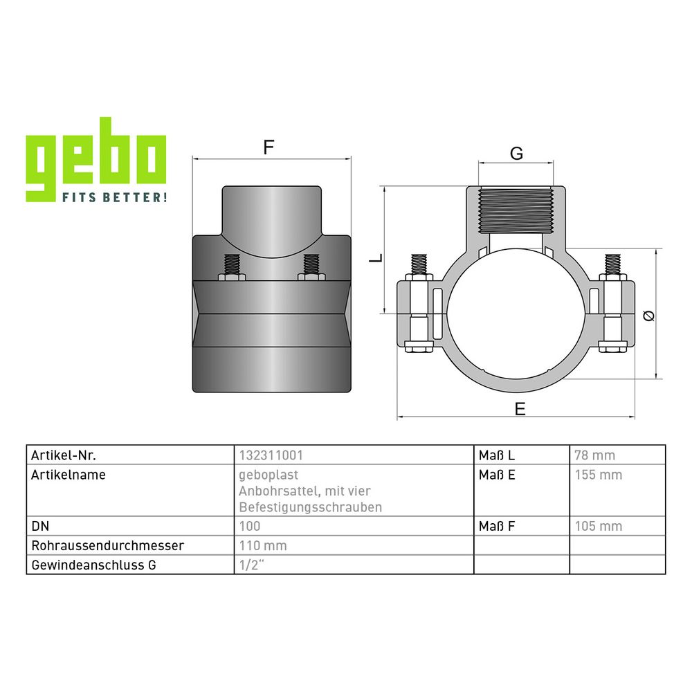 Gebo Plast Kunststoff-Anbohrsattel P14 Typ PANBV 110mm x G 1/2", mit 4 Schrauben, PP, S... GEBO-132311001 8023058129792 (Abb. 3)