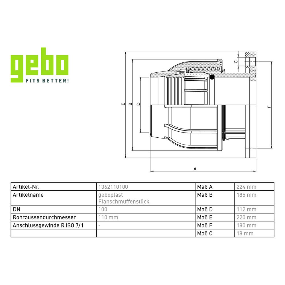 Gebo Plast Kunststoff-Klemmverbinder P13 Typ POF 110mm x G 4", als Flanschmuffe, PP, S... GEBO-1362110100 8023058040073 (Abb. 3)