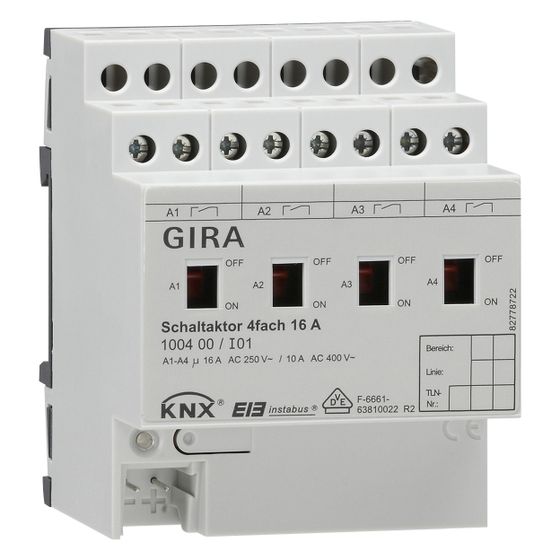 Gira Schaltaktor 4-fach 16 A REG, Handbetätigung, KNX, 100400