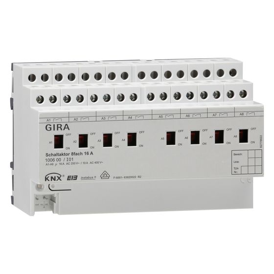 Gira Schaltaktor 8-fach 16A REG, 16A, KNX, Handbetätigung, 100600