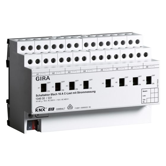 Gira Schaltaktor 8-fach 16A C-Last, Handbetätigung, Strommessung, KNX, REG, 104600