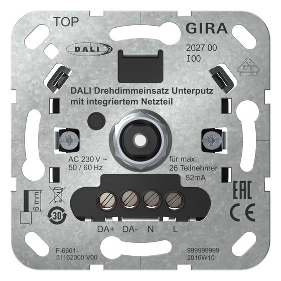Gira DALI Drehdimmeinsatz Unterputz, mit integriertem Netzteil, 26 DALI Teilnehmer, 202700