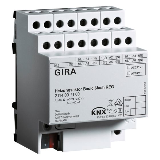 Gira Heizungsaktor Basic 6f KNX REG, 24V/230V, DIN-Hutschiene, 211400