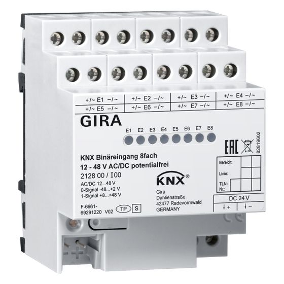 Gira Binäreingang 8-fach 12-48V AC/DC KNX REG, 8 Eingänge, potenzialfrei, 212800