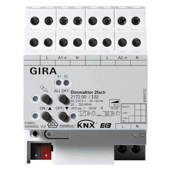 Gira Universal-Dimmaktor 2-fach, 2 x 300 W, KNX, REG, 217200