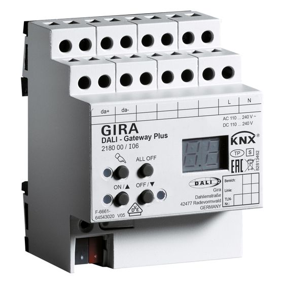 Gira DALI Gateway Plus KNX, 64 Betriebsgeräte, 32 Gruppen, 16 Lichtszenen, 218000