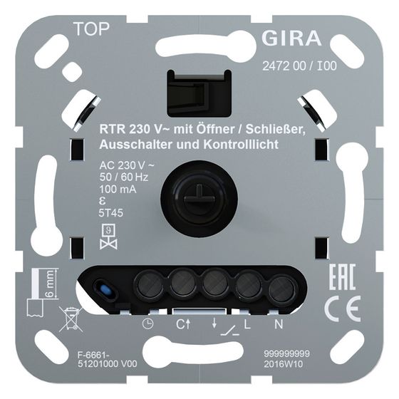 Gira Raumtemperaturregler 247200, 230V, mit Ausschalter und Kontrolllicht