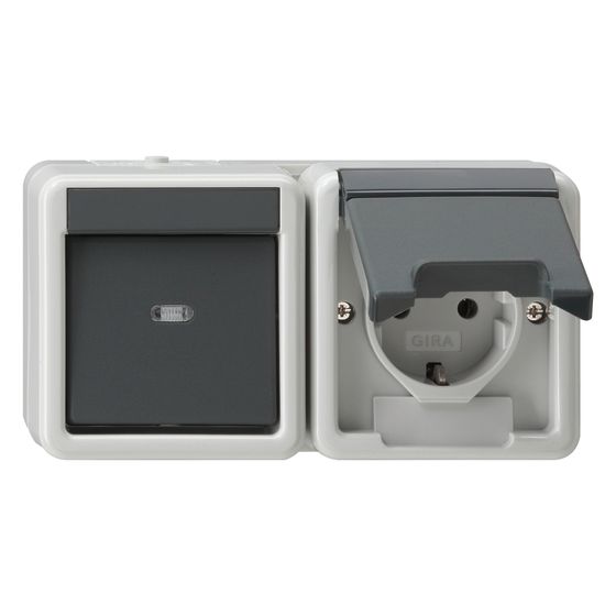 Gira Kombi Aus-Wechselschalter/Schutzkontakt-Steckdose, 10A/16A, 250V, waagerecht, mit Klappdeckel, Grau, 417730