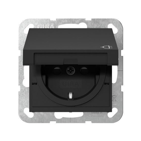 Gira Schutzkontakt-Steckdose System 55, 16A 250V, mit Klappdeckel, Schwarz matt, 4414005
