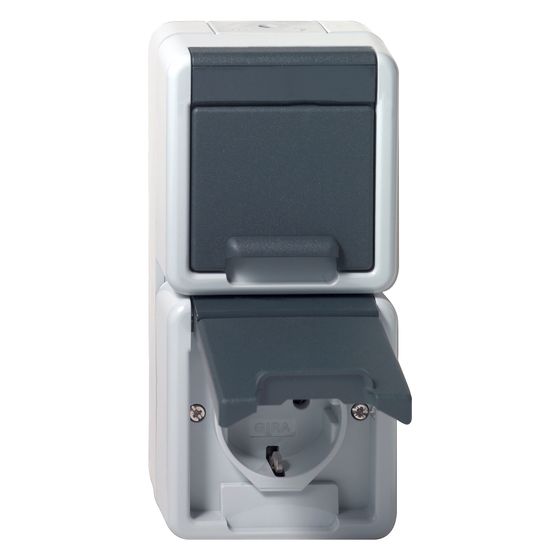 Gira Schutzkontakt-Doppelsteckdose 478030, 16A 250V, senkrecht, mit Klappdeckel, Grau