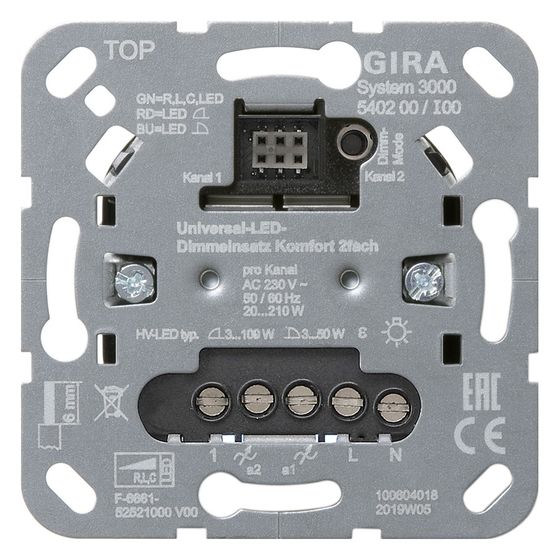 Gira Universal-LED-Dimmeinsatz System 3000 Komfort 2-fach, Kurzschlussschutz, Übertemperaturschutz, 540200