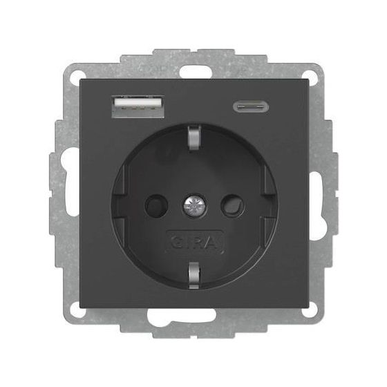 Gira Schutzkontakt-Steckdose System 55 2459005, 16A 250V, USB-Spannungsversorgung Typ A/C, Schwarz matt