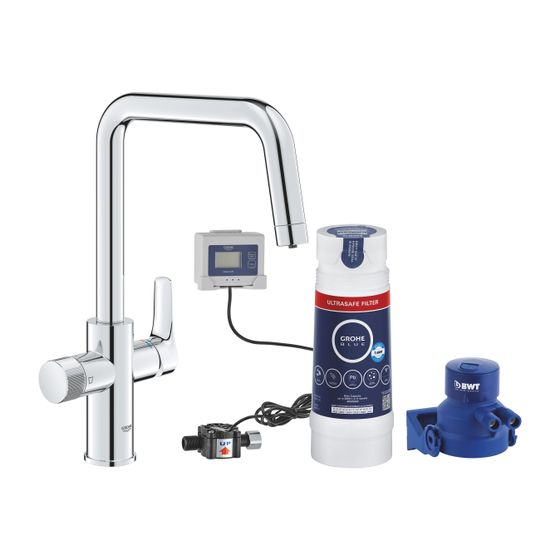 Grohe Blue Pure Start Starter Kit mit Ultrasafe Filter, C-Auslauf, 150 Grad schwenkbar, Griff für gefiltertes Wasser, Chrom