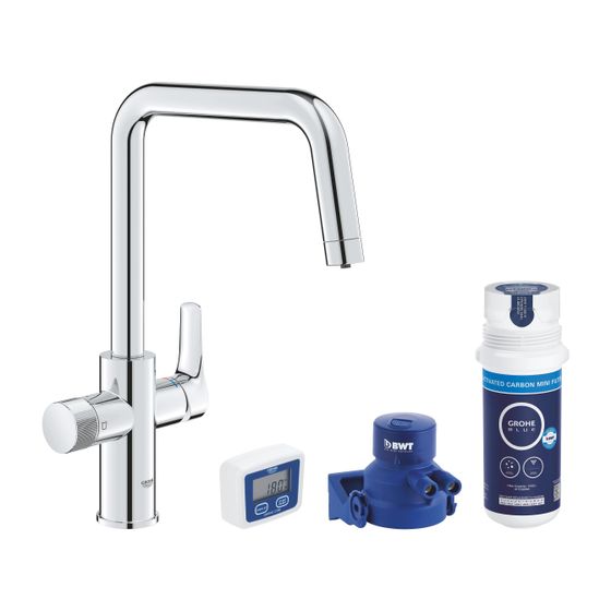Grohe Blue Pure Start Starterset mit Mini Aktivkohlefilter, U-Auslauf, 150 Grad schwenkbar, Griff für gefiltertes Wasser, Chrom