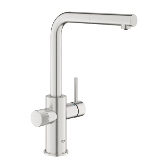 Grohe Blue Pure Minta Einhand-Spültischarmatur mit Filter, L-Auslauf, herausziehbarer Auslauf, schwenkbar, Supersteel, 30601DC0