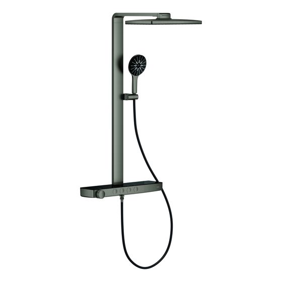 Grohe Aqua Pure Rainshower Duschsystem eckig Hard Graphite gebürstet 15l/min, mit Kopfbrause, Thermostatbatterie zur Wandmontage